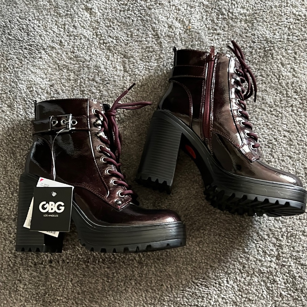 GBG Burgundy Chunky Heel Combat Boots